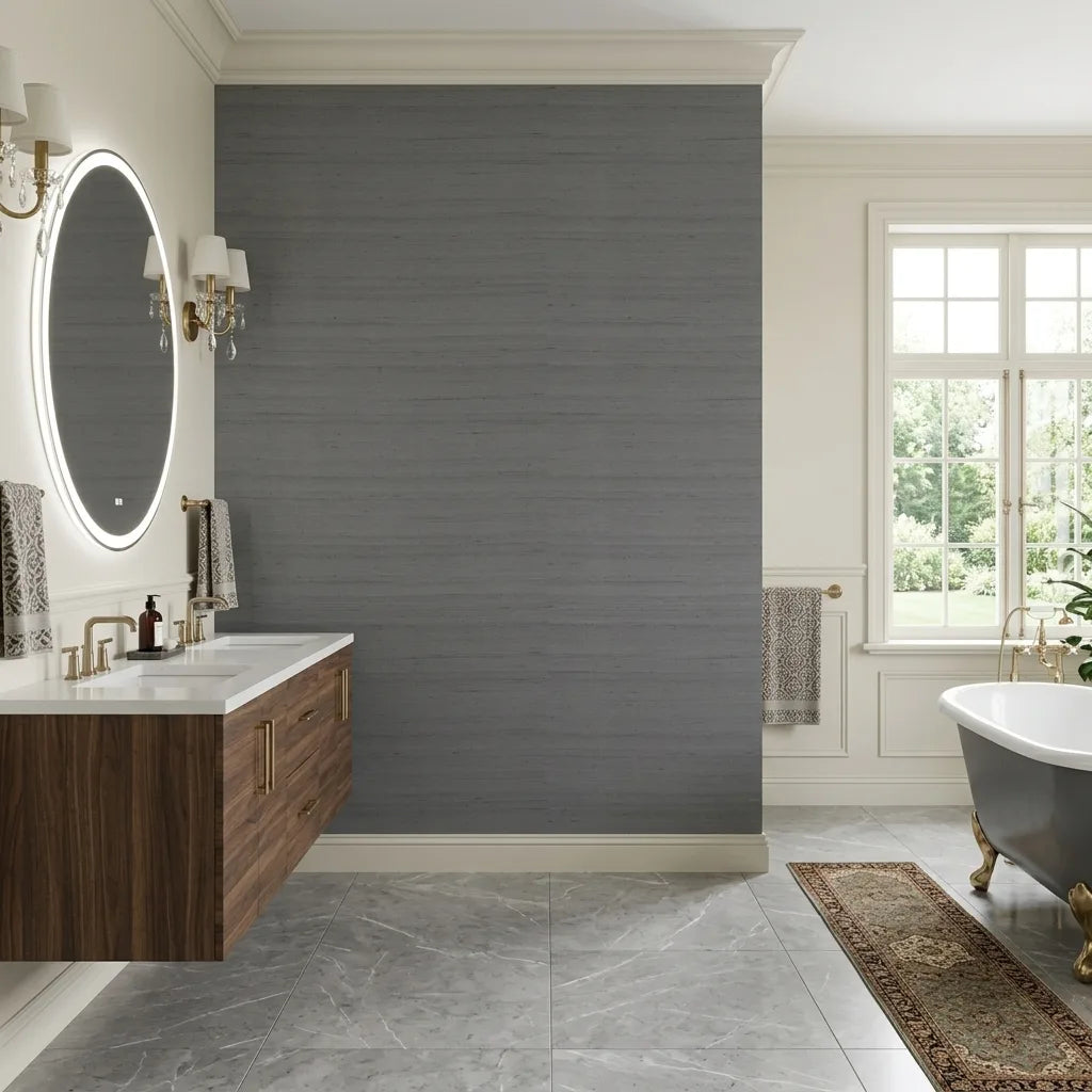 Bathroom - Elegant space featuring York Wallcoverings' 'Silk Road' wallpaper in sophisticated Charcoal, enhancing modern design.