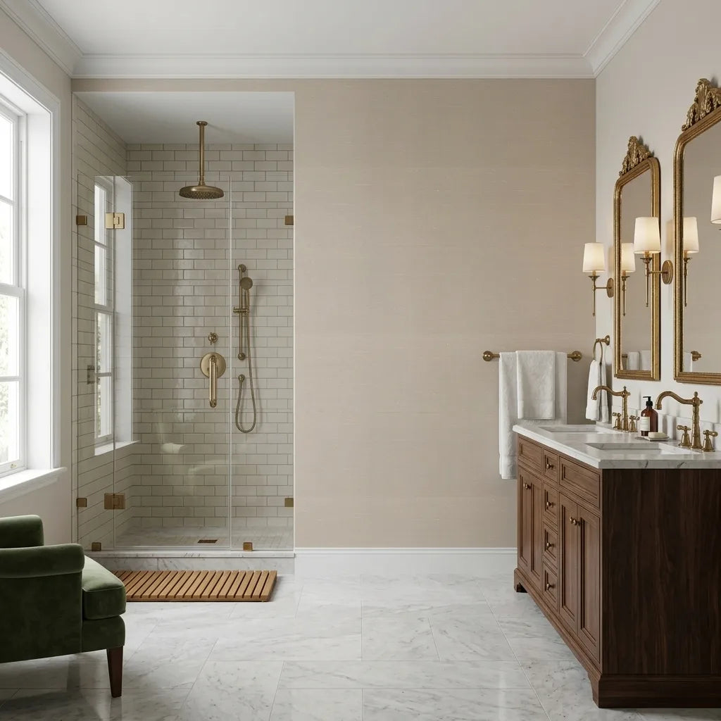 Bathroom - Elegant bathroom with "Silk Road" Ecru wallpaper by York Wallcoverings, creating a serene and stylish retreat.