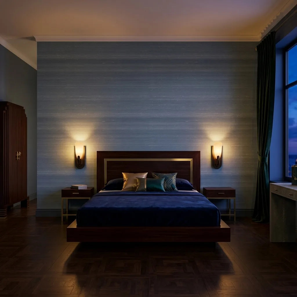 Bedroom - Elegant space showcasing York Wallcoverings' "Silk Road" wallpaper in Dusty Blue, adding sophistication.