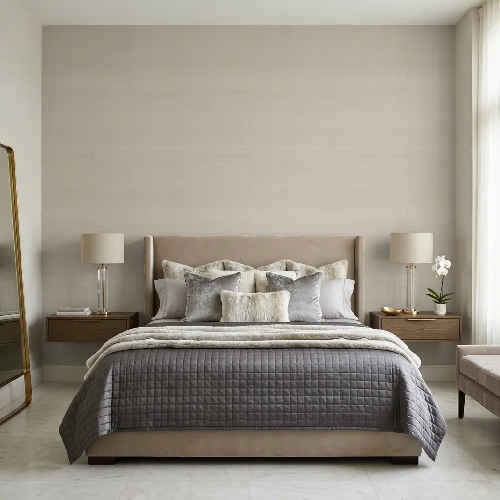 Bedroom - Luxurious space showcasing York Wallcoverings' 'Silk Road' wallpaper in a soft Warm Ivory shade.