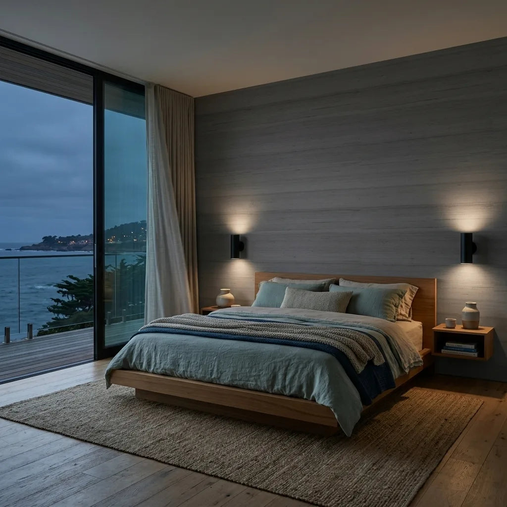 Bedroom - Elegant bedroom with Taupe Grey 'Silk Road' wallpaper by York Wallcoverings, creating a serene and stylish retreat.