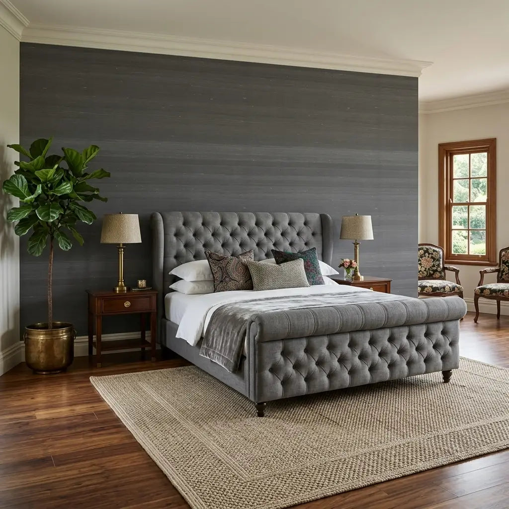 Bedroom - Elegant space featuring York Wallcoverings 'Silk Road' charcoal wallpaper, adding sophisticated texture and depth to the room.