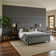 Bedroom - Elegant space featuring York Wallcoverings 'Silk Road' charcoal wallpaper, adding sophisticated texture and depth to the room.