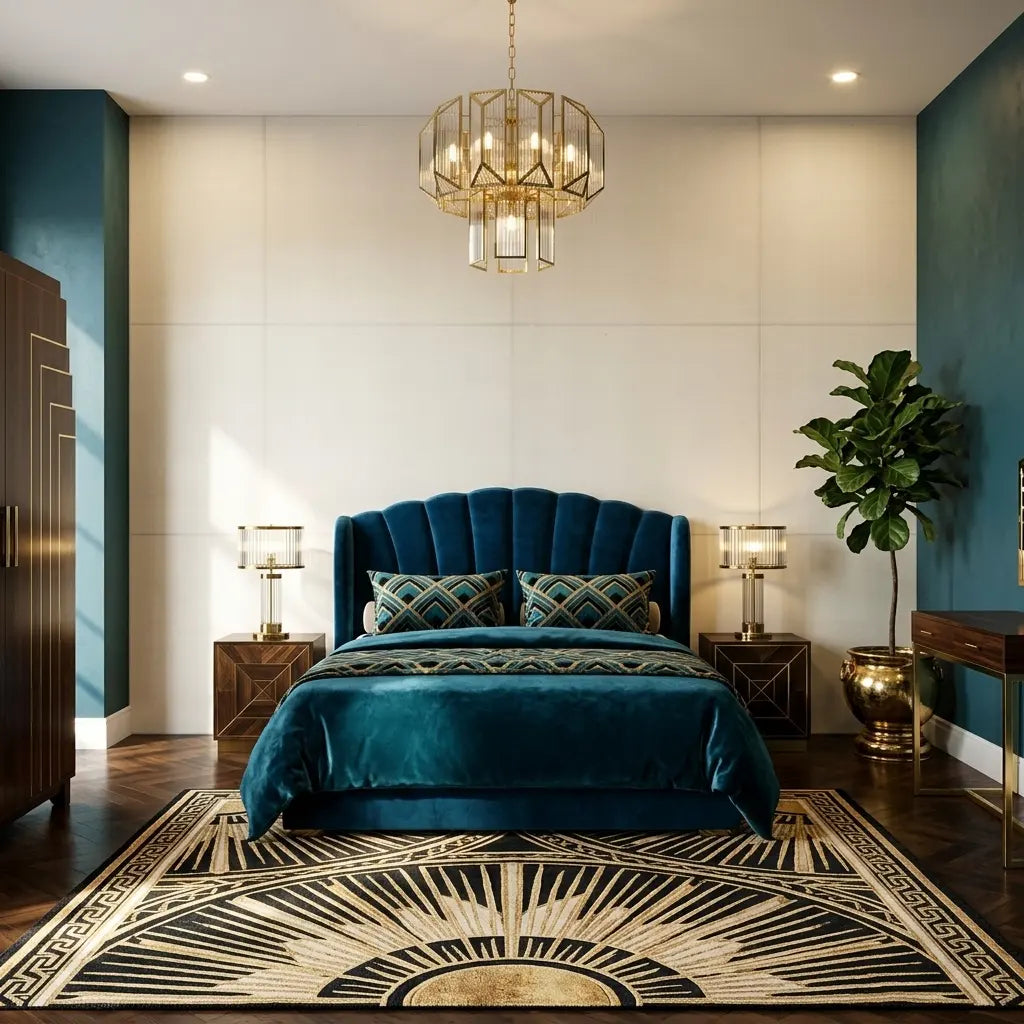 Bedroom - Elegant space featuring York Wallcoverings 'Silk Road' wallpaper in Warm Ivory for a serene, luxurious feel.
