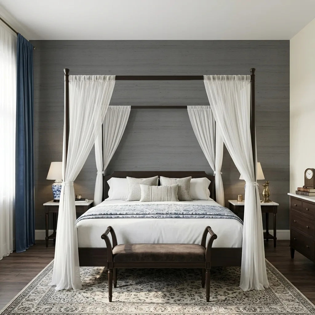 Bedroom - Elegant bedroom with "Silk Road" Charcoal wallpaper by York Wallcoverings, creating a sophisticated retreat.