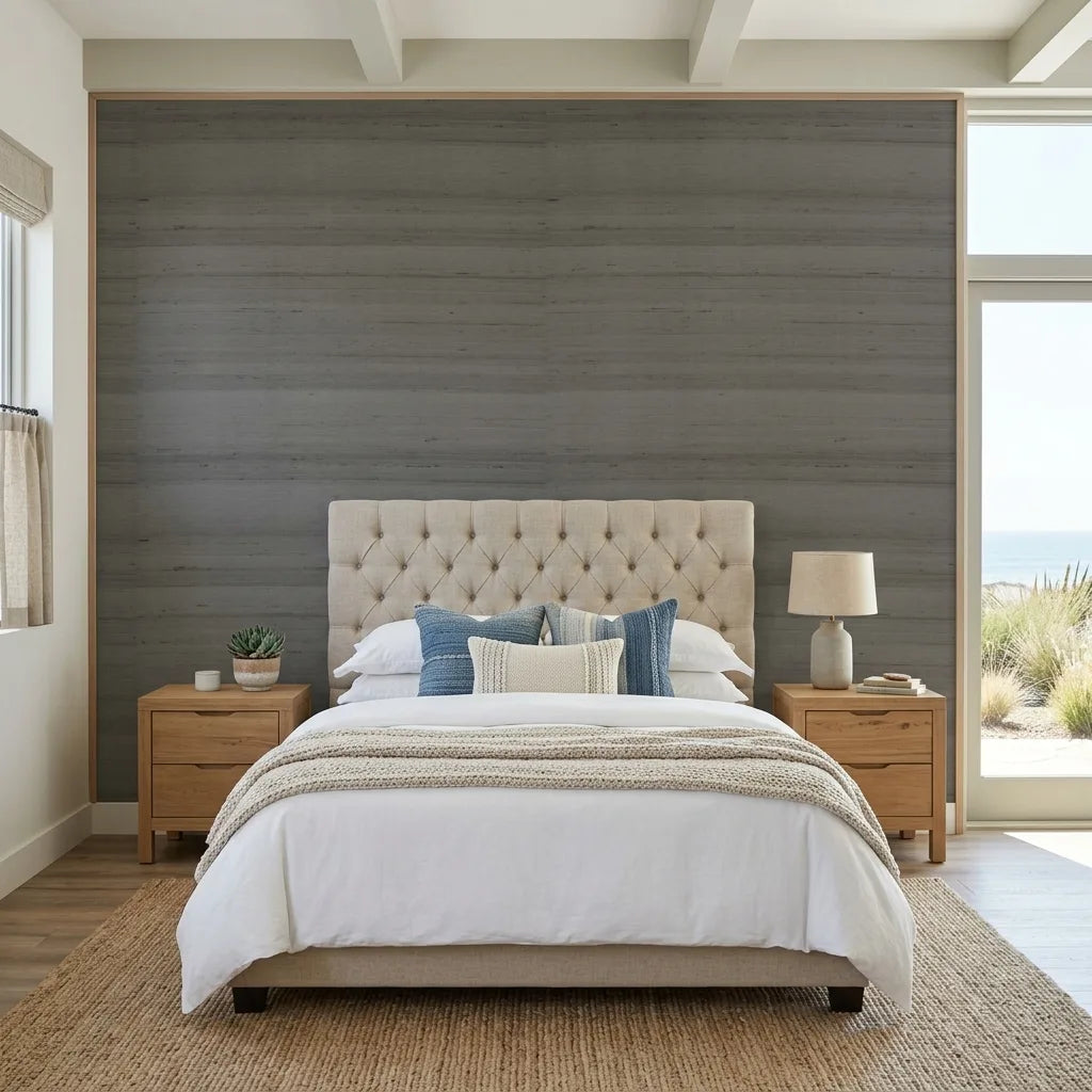 Bedroom - Elegant Greige Silk Road wallpaper by York Wallcoverings defines this serene space.