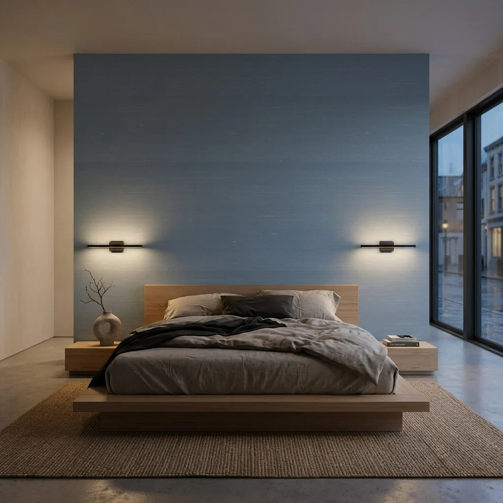 Bedroom - Elegant room featuring 'Silk Road' wallpaper in Dusty Blue by York Wallcoverings, creating a serene and stylish space.