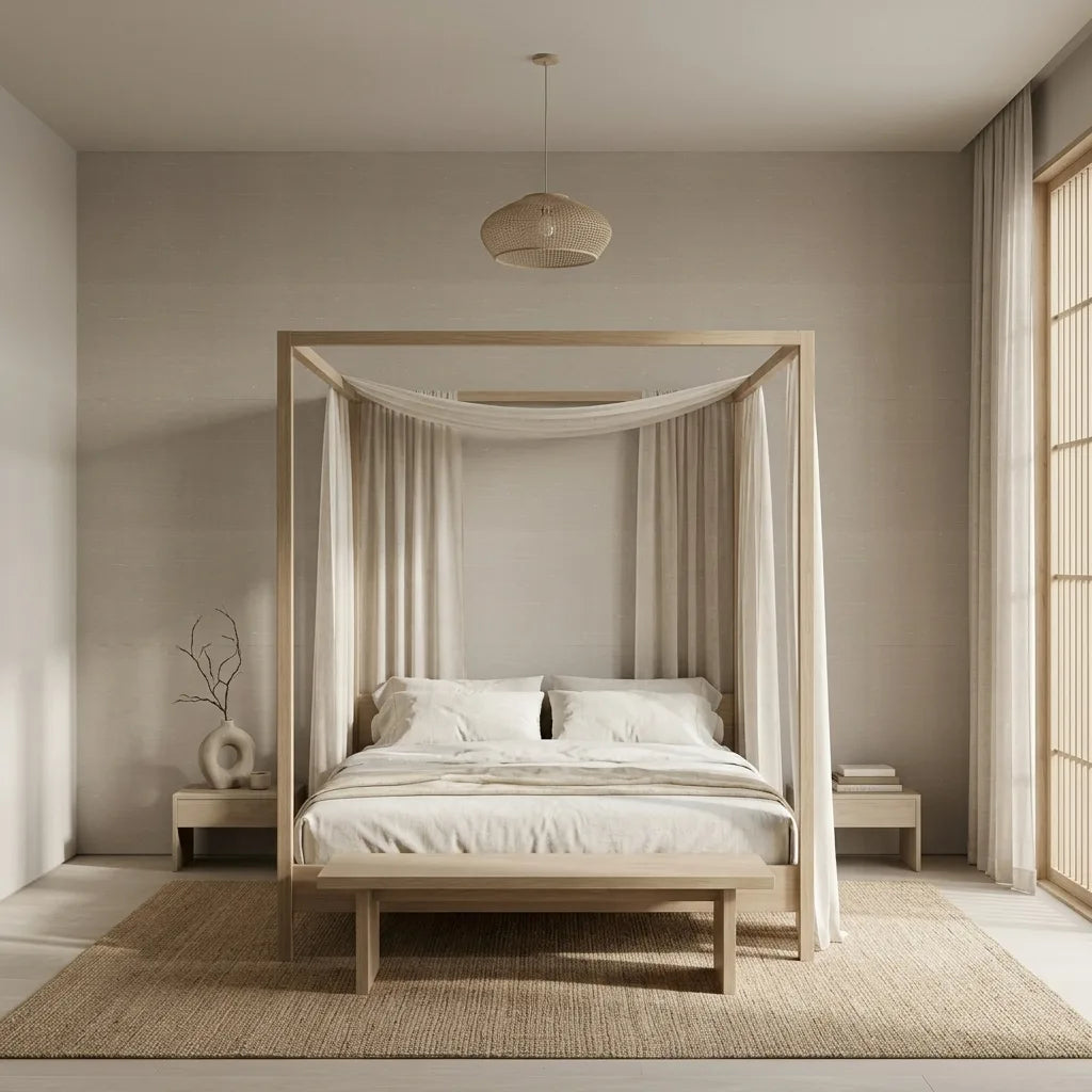 Bedroom - Elegant bedroom with Ecru Silk Road wallpaper by York Wallcoverings, creating a serene and stylish space.