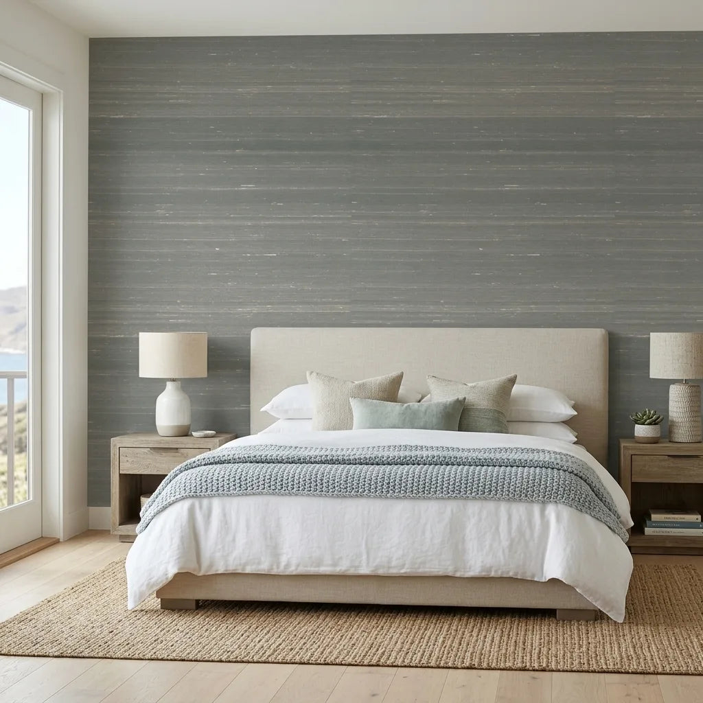 Bedroom - Featuring York Wallcoverings "Silk Road" wallpaper in Celadon, creating a tranquil and elegant space.