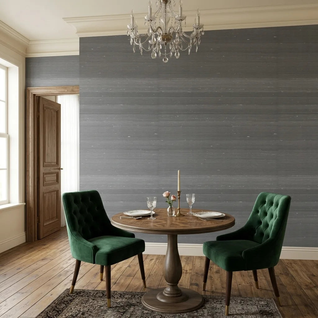 Dining Room - Elegant space showcasing Charcoal Silk Road wallpaper by York Wallcoverings, a sophisticated design.