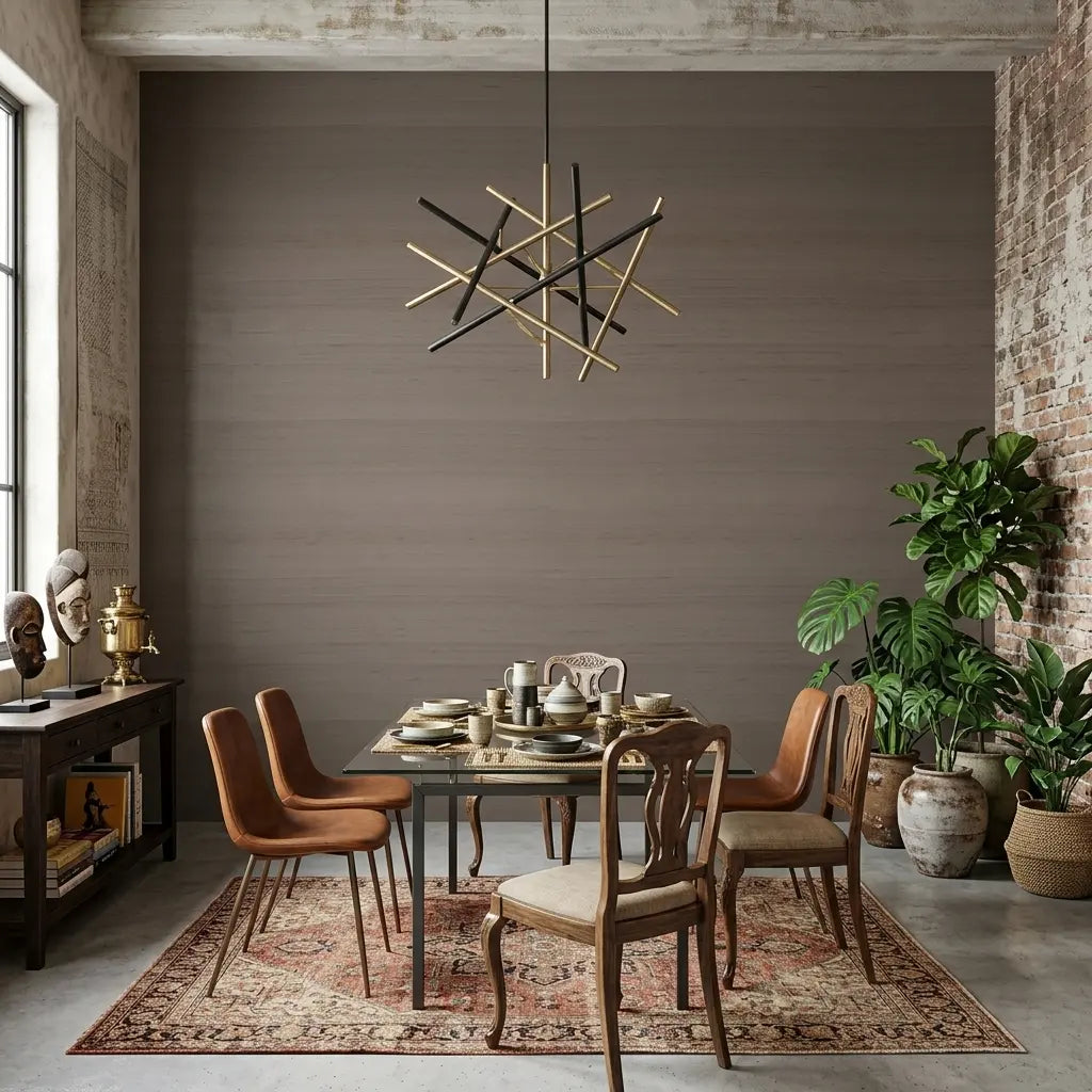 Dining Room - Warm Taupe Silk Road wallpaper by York Wallcoverings creates an exotic, inviting atmosphere.