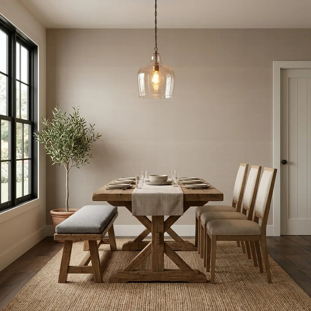 Dining Room - Elegant space showcasing Ecru Silk Road wallpaper by York Wallcoverings, creating a serene and sophisticated atmosphere.