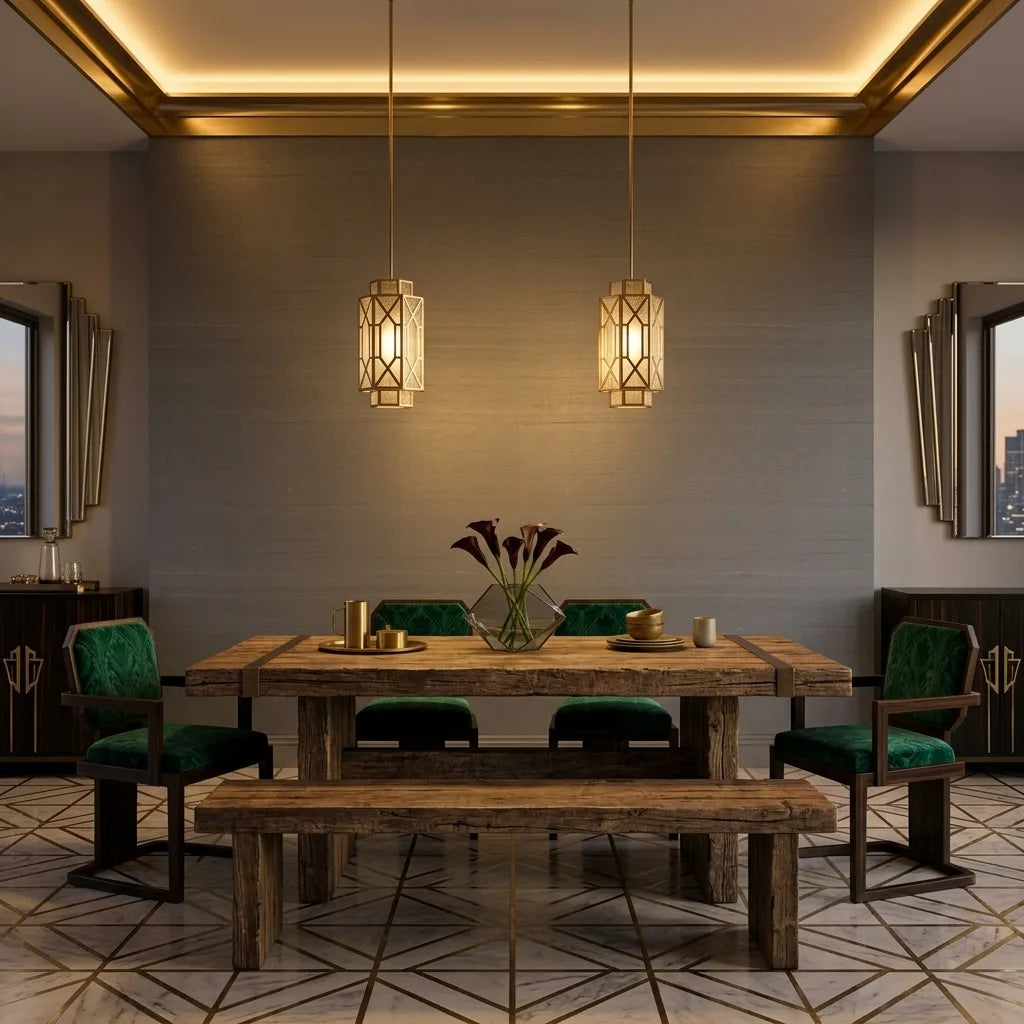 Dining Room - Elegant dining room featuring 'Silk Road' wallpaper in Blue-Grey by York Wallcoverings, creating a sophisticated global aesthetic.