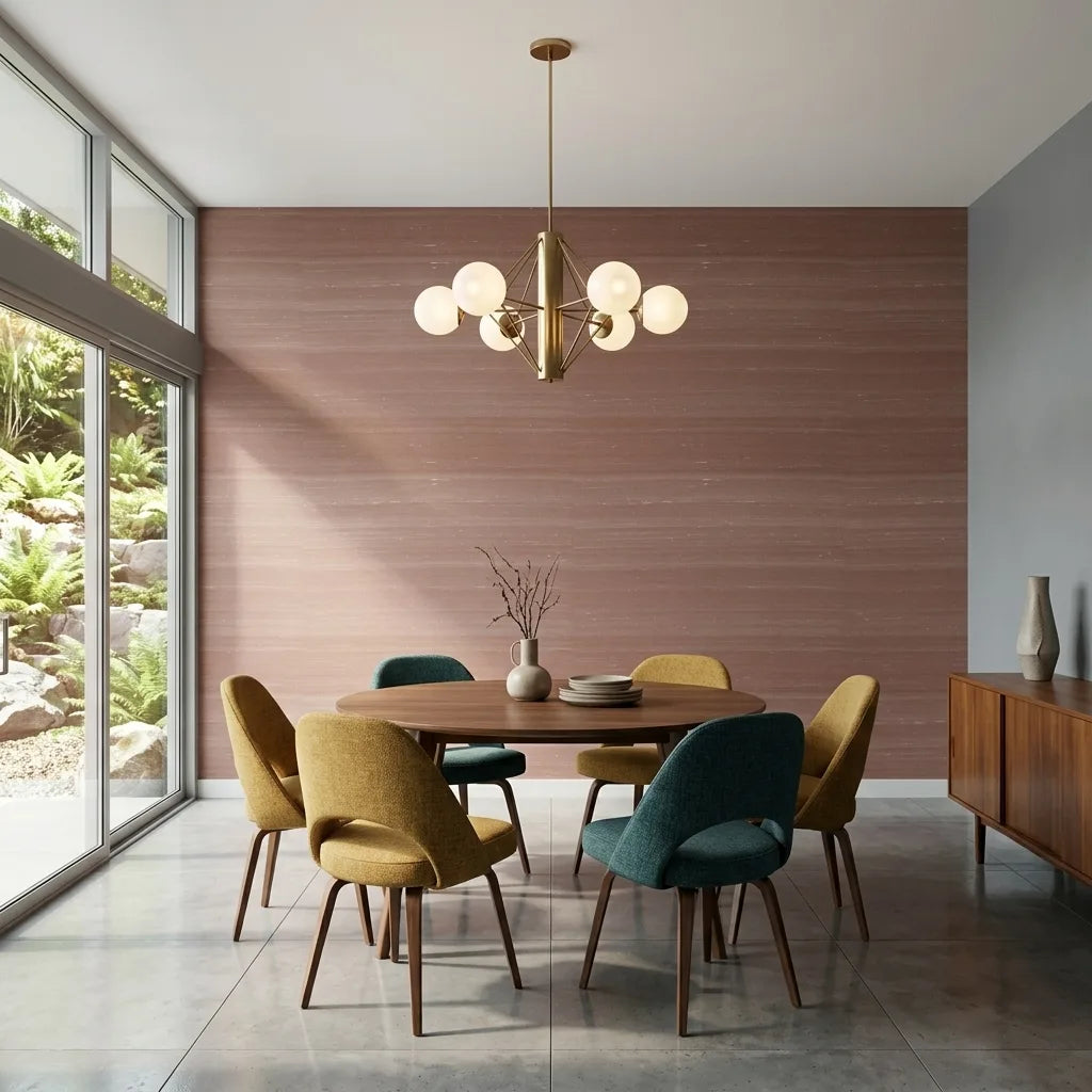 Dining Room - Features stunning Terracotta Silk Road wallpaper by York Wallcoverings, creating an elegant and warm space.