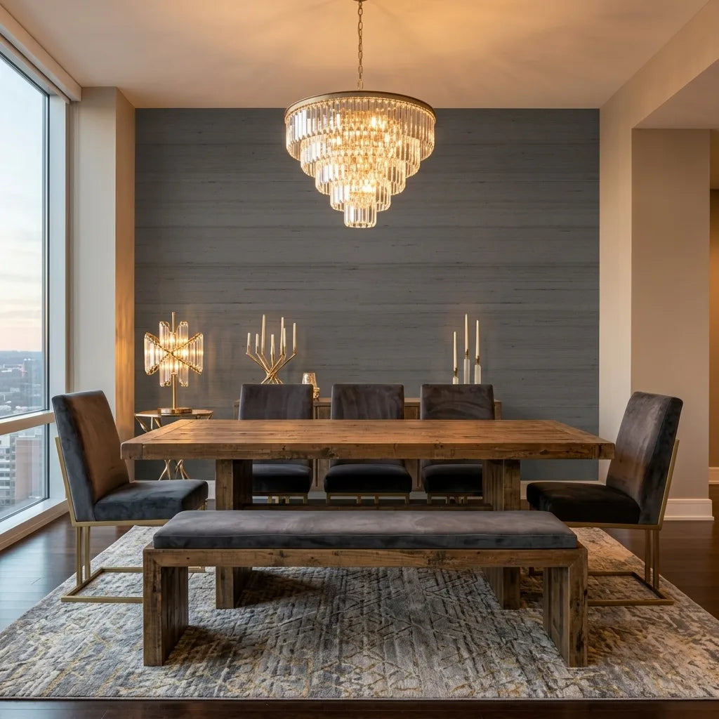 Dining Room - Elegant dining room showcasing 'Silk Road' wallpaper in Taupe Grey by York Wallcoverings, creating a serene space.