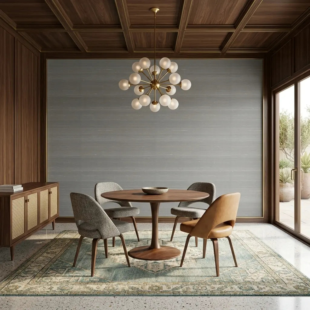Dining Room - Taupe 'Silk Road' wallpaper by York Wallcoverings enhances this elegant dining space.