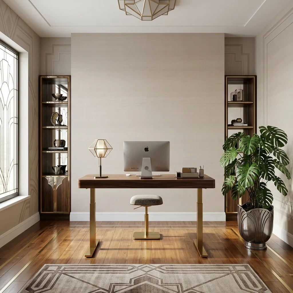Home Office - Elegant space featuring 'Silk Road' wallpaper in Warm Ivory by York Wallcoverings, perfect for a serene and productive work environment.