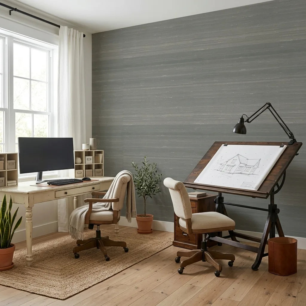 Home Office - Serene workspace with York Wallcoverings' "Silk Road" wallpaper in calming Celadon green.