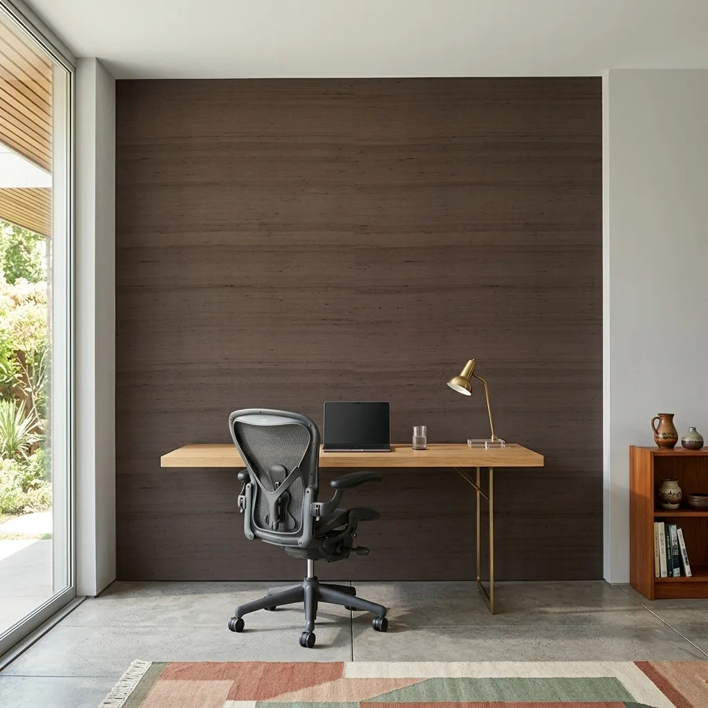 Home Office - Sophisticated workspace with York Wallcoverings' 'Silk Road' Dark Brown wallpaper, ideal for productivity & style.