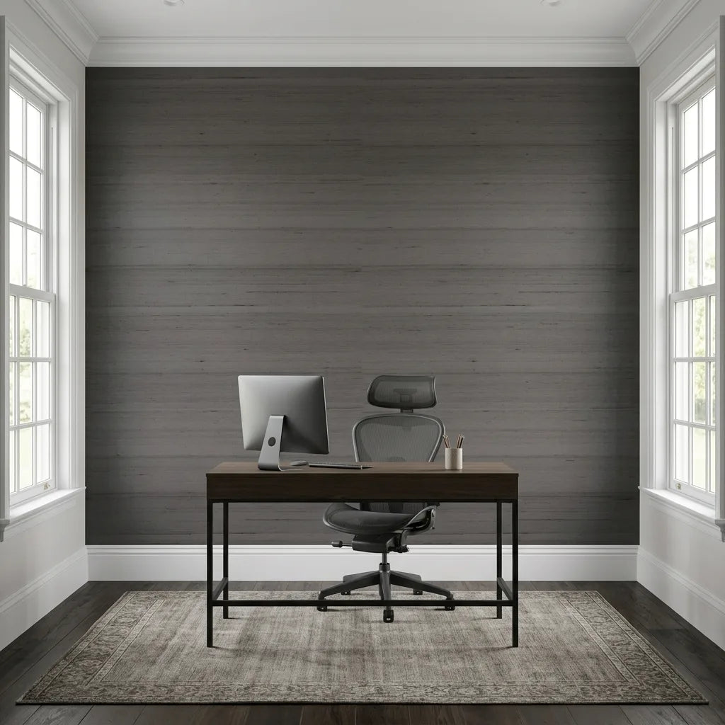 Home Office - Elegant space featuring York Wallcoverings' "Silk Road" wallpaper in sophisticated Taupe Grey.