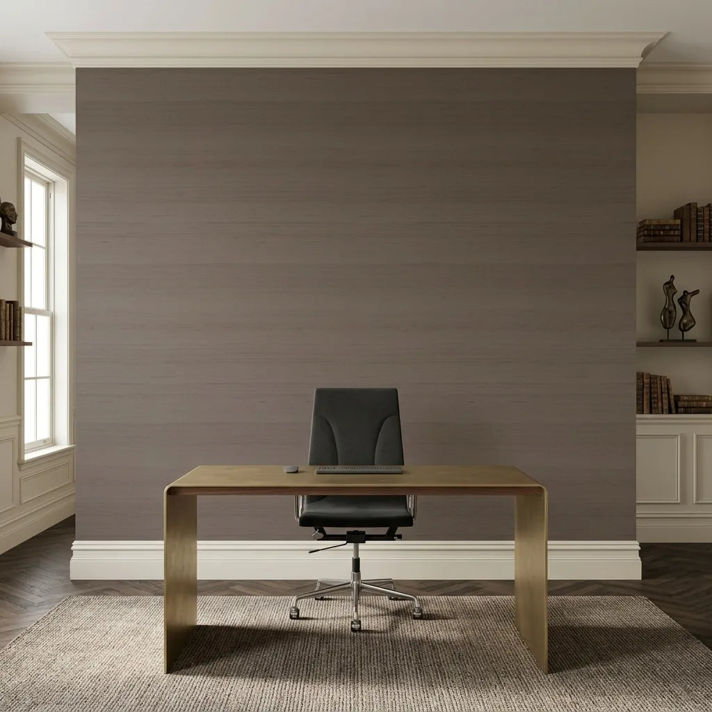 Home Office - Elegant workspace featuring Silk Road wallpaper in Warm Taupe by York Wallcoverings, perfect for a sophisticated design.