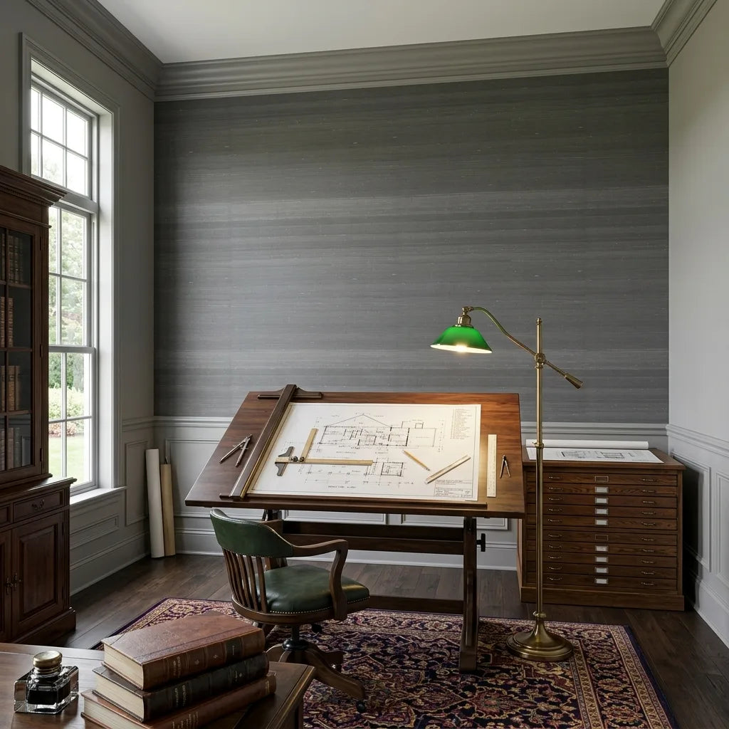 Home Office - Elegant home office showcasing the sophisticated 'Silk Road' Charcoal wallpaper by York Wallcoverings.