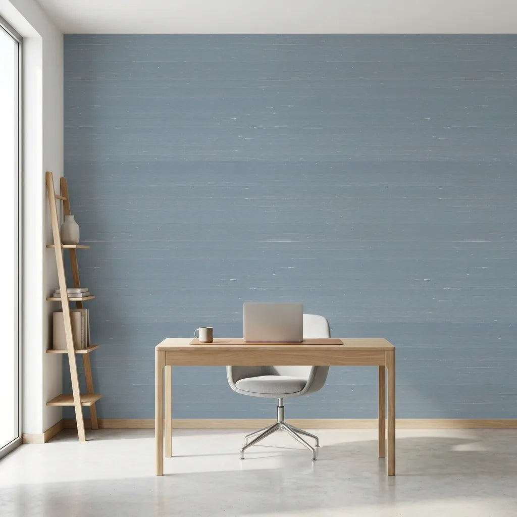 Home Office - Serene workspace featuring 'Silk Road' wallpaper in Dusty Blue by York Wallcoverings for a stylish and calm feel.