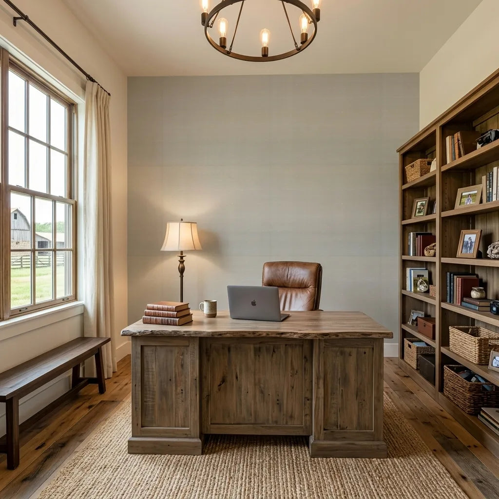 Home Office - Elegant space with 'Silk Road' wallpaper in Sage Green by York Wallcoverings, creating a serene and stylish work environment.