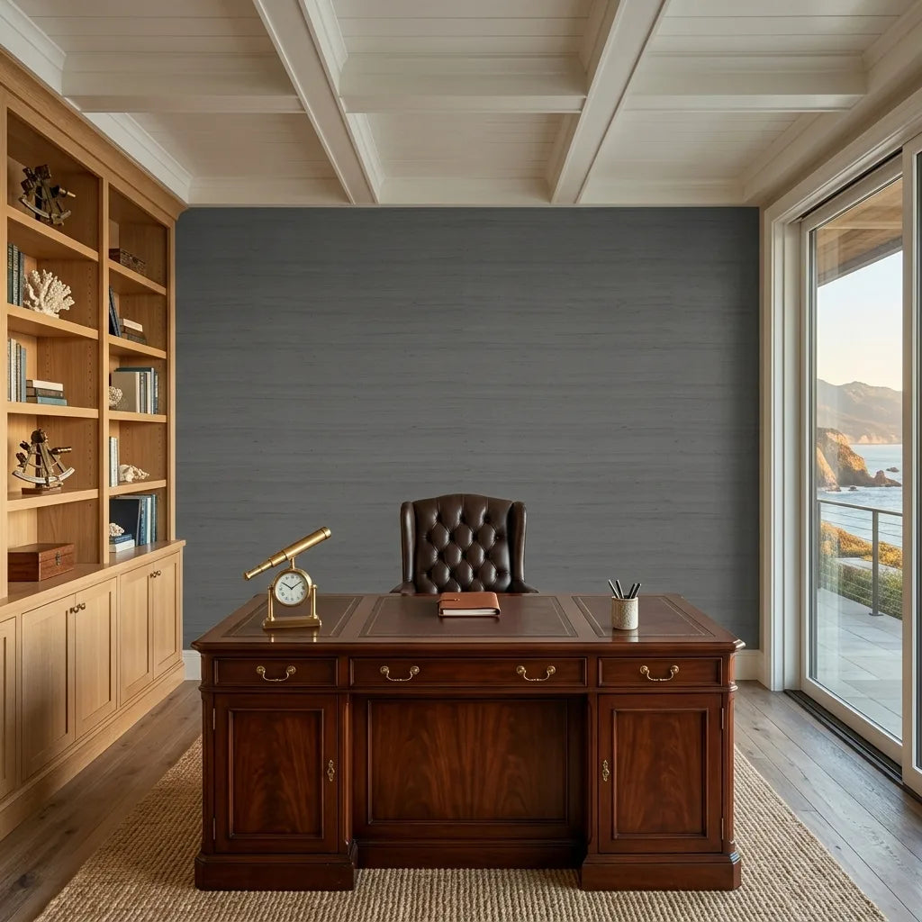 Home Office - Modern workspace with stunning York Wallcoverings Silk Road Charcoal wallpaper, adding sophisticated style.