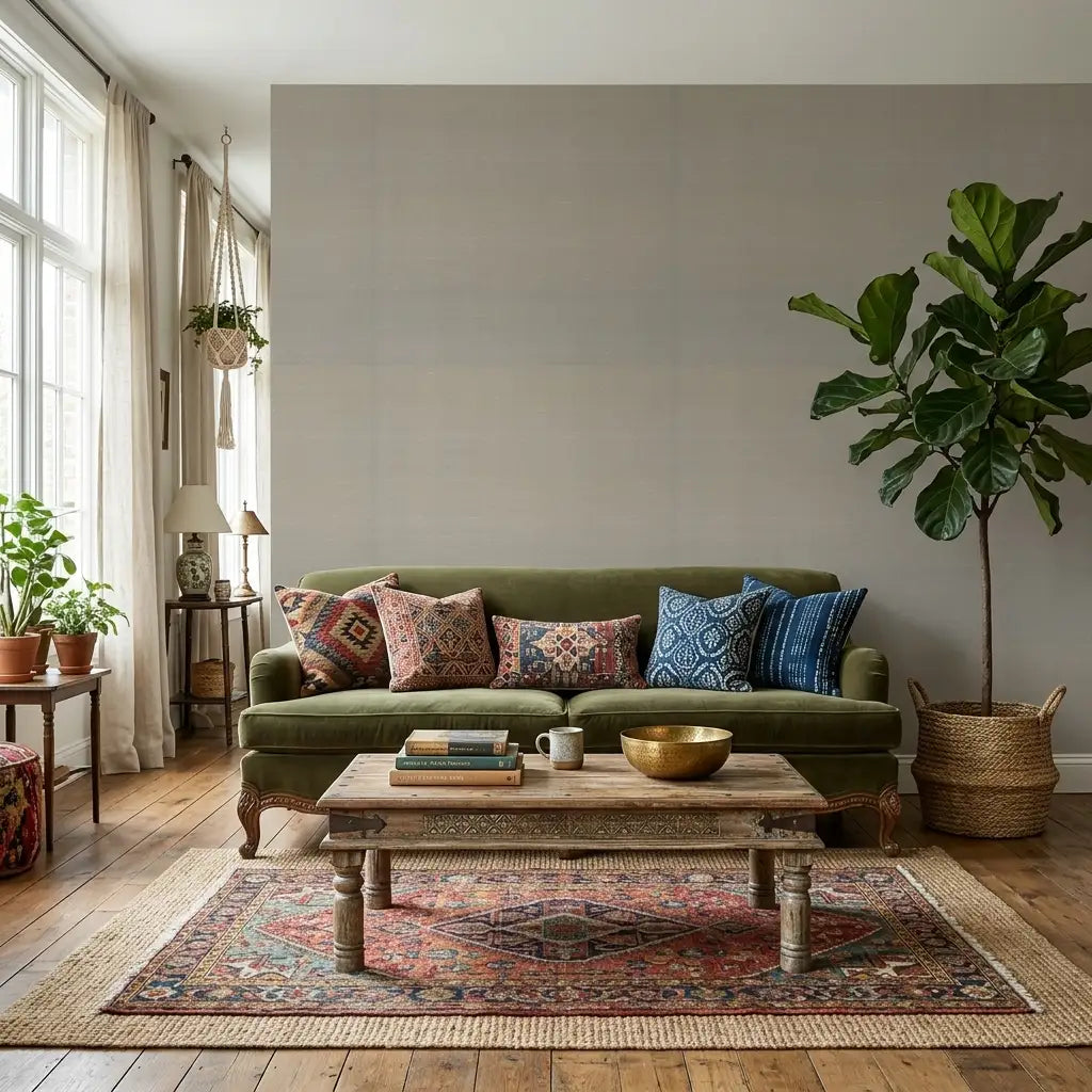Living Room - Serene Sage Green "Silk Road" wallpaper by York Wallcoverings enhances this stylish living space.