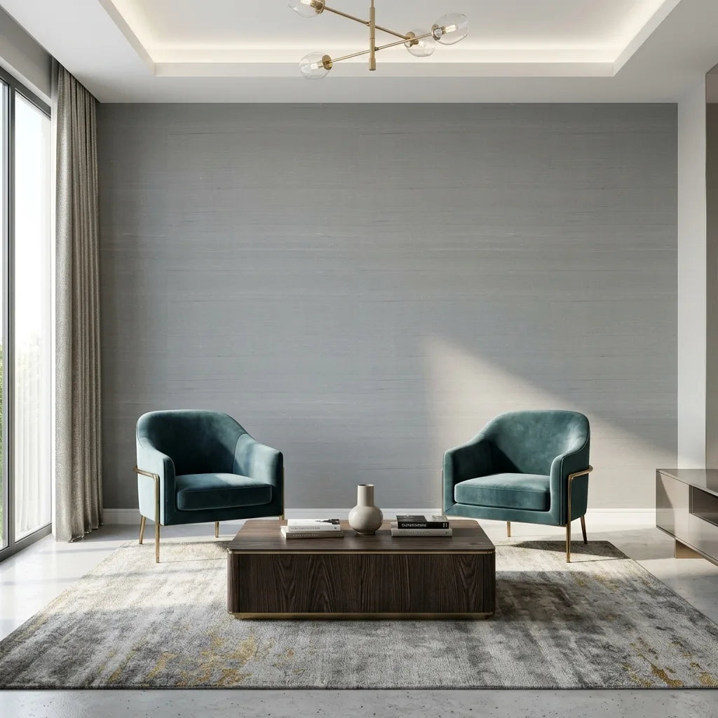 Living Room - Features Blue-Grey 'Silk Road' wallpaper by York Wallcoverings, creating an elegant and serene interior design.