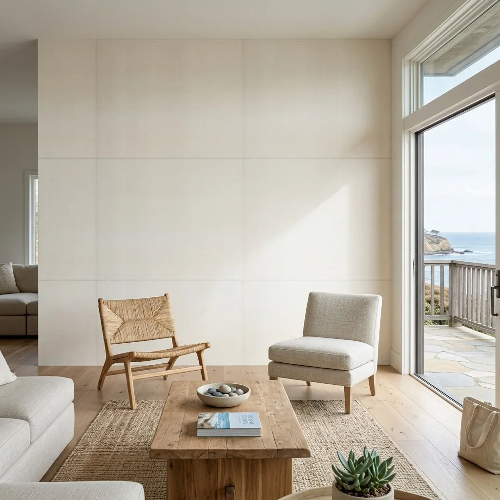 Living Room - Elegant space featuring York Wallcoverings 'Silk Road' wallpaper in warm ivory for a sophisticated look.