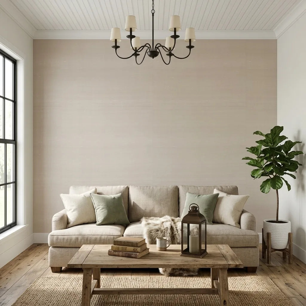 Living Room - Showcasing York Wallcoverings' "Silk Road" wallpaper in Warm Ivory, creating a bright, inviting space.