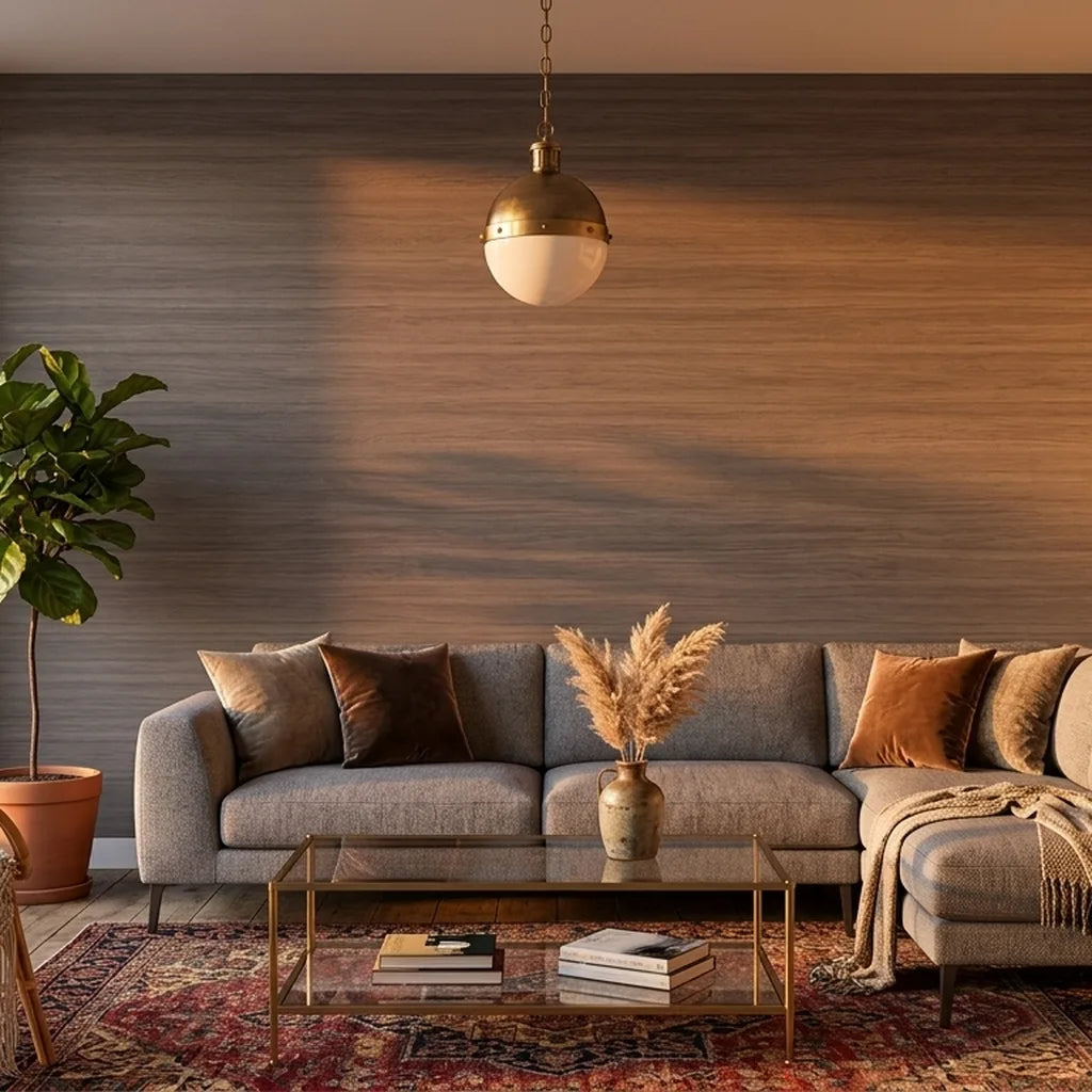 Living Room - Elegant living room features Silk Road wallpaper in Warm Taupe by York Wallcoverings, creating a serene and stylish space.