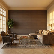Living Room - Featuring rich Dark Brown Silk Road wallpaper by York Wallcoverings, creating a sophisticated global aesthetic.