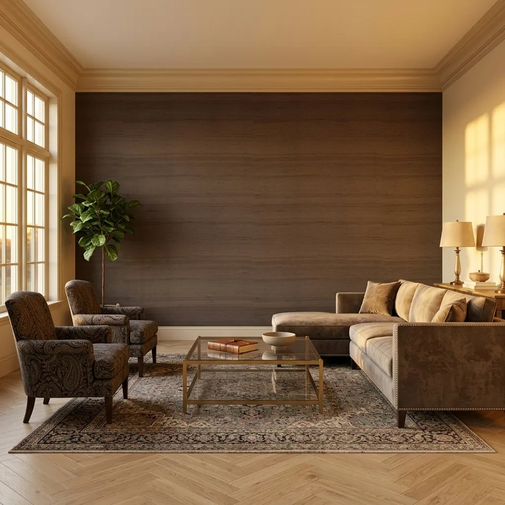 Living Room - Featuring rich Dark Brown Silk Road wallpaper by York Wallcoverings, creating a sophisticated global aesthetic.