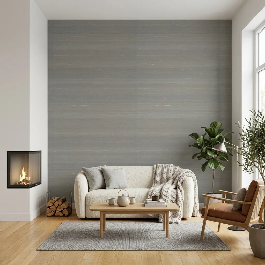 Living Room - Taupe 'Silk Road' wallpaper by York Wallcoverings creates a serene and sophisticated atmosphere in this modern living space.