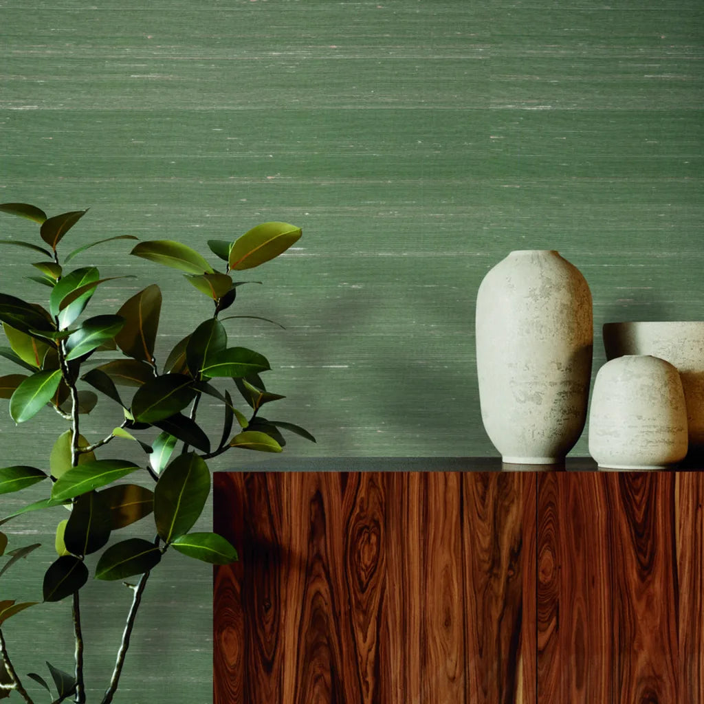 Living room with stunning Celadon Silk Road wallpaper by York Wallcoverings, creating a serene and elegant space.