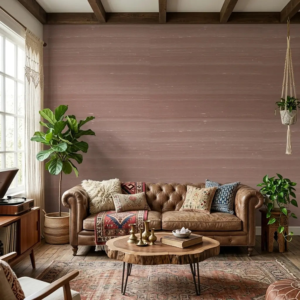 Living Room - Features Silk Road wallpaper in Terracotta by York Wallcoverings, creating an exotic, warm ambiance.