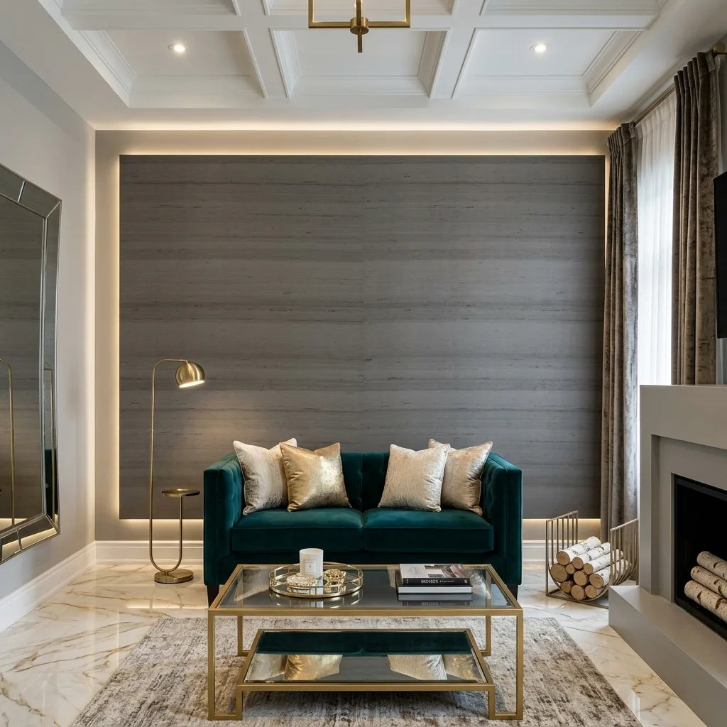 Living Room - Greige Silk Road wallpaper by York Wallcoverings creates an elegant and inviting atmosphere.