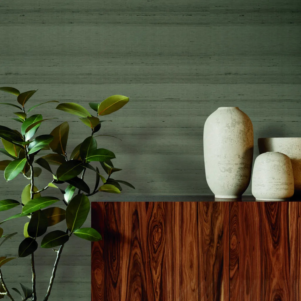 Interior photo of elegant Greige 'Silk Road' wallpaper by York Wallcoverings.
