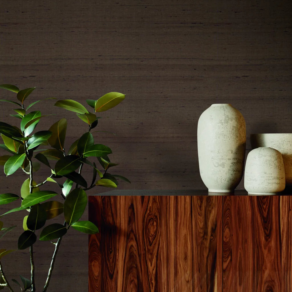Interior with elegant Dark Brown Silk Road wallpaper by York Wallcoverings, adding a sophisticated touch to the room.