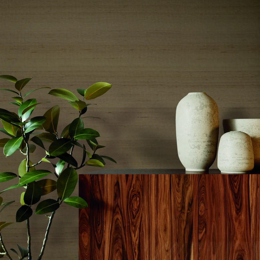 Interior with "Silk Road" wallpaper in Warm Taupe by York Wallcoverings, enhancing the room's elegant design.