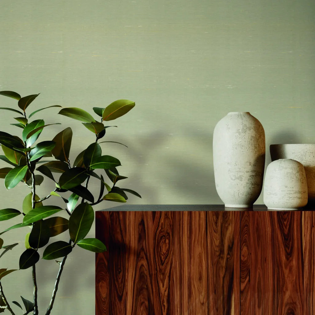 Interior with 'Silk Road' wallpaper in Sage Green by York Wallcoverings, adding serene texture to the room.