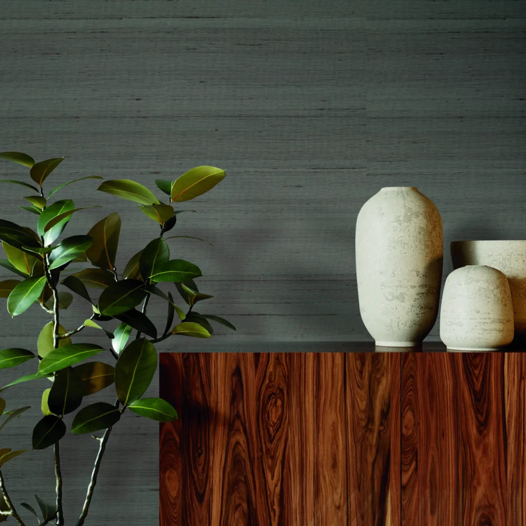 Interior with elegant 'Silk Road' wallpaper in Taupe Grey by York Wallcoverings, adding a sophisticated touch.