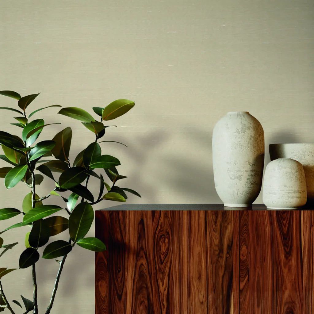 Warm Ivory 'Silk Road' wallpaper by York Wallcoverings brings serene elegance to this inviting interior.
