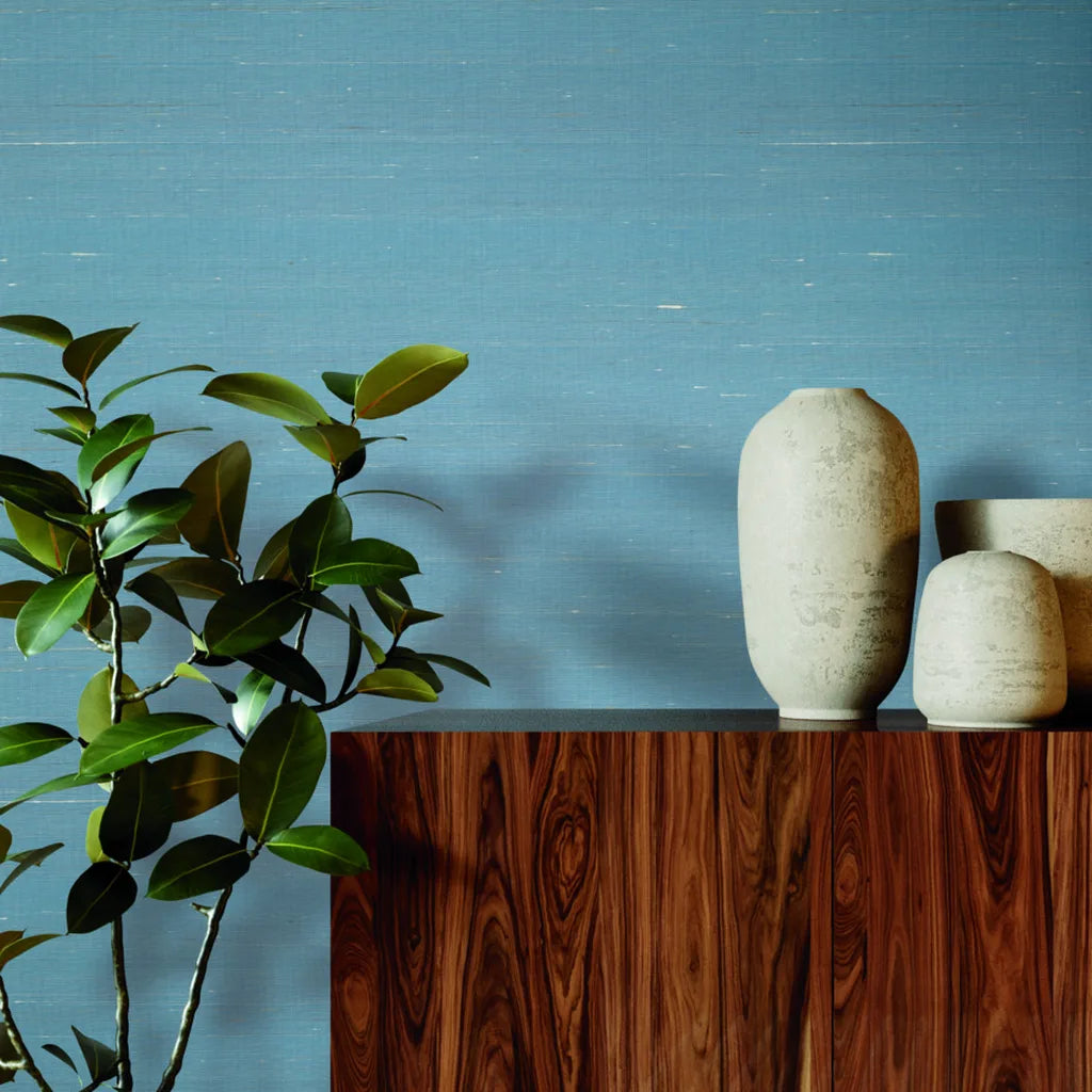 Stunning interior with Silk Road wallpaper in Dusty Blue by York Wallcoverings, adding serene elegance to the room.