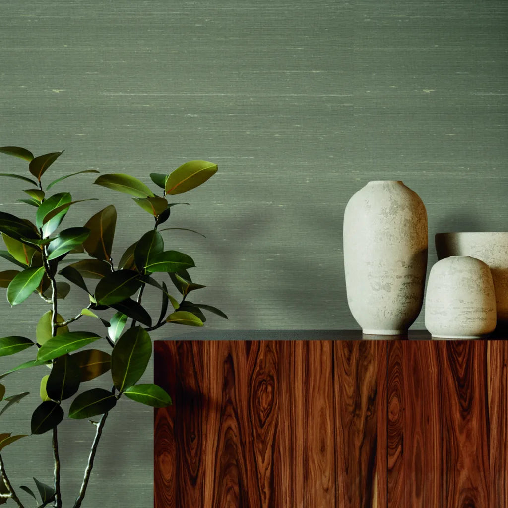 Taupe 'Silk Road' wallpaper by York Wallcoverings creates a serene and elegant ambiance in a contemporary interior setting.