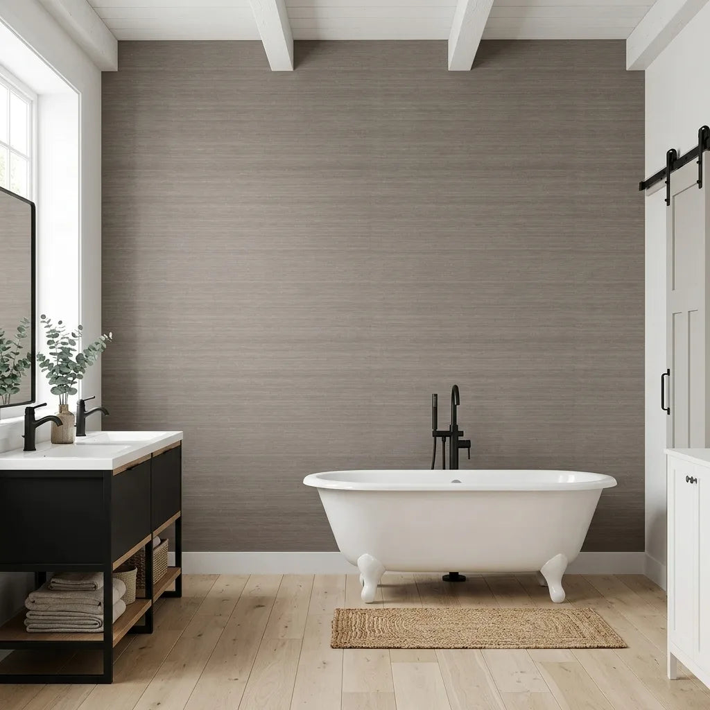 Bathroom - Light taupe Smooth Abaca wallpaper by York Wallcoverings creates a serene, natural look.