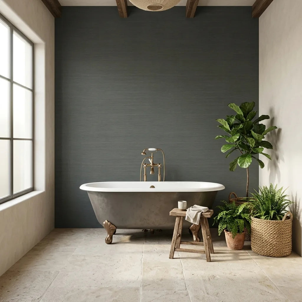 Bathroom - Dark green Smooth Abaca wallpaper by York Wallcoverings adds natural texture and depth to this stylish bathroom.